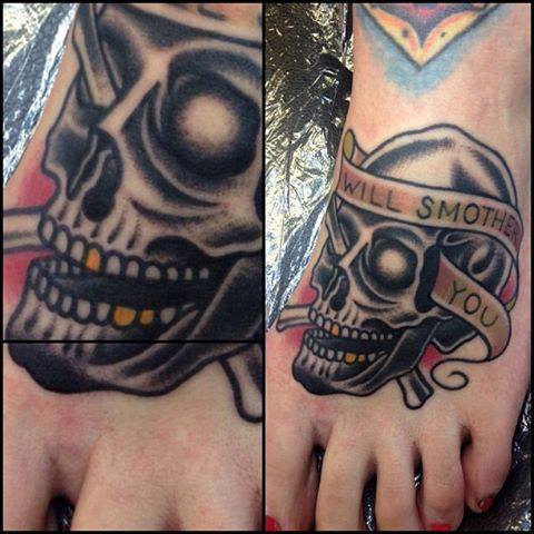 Danger Skull With Banner Tattoo On Left Foot