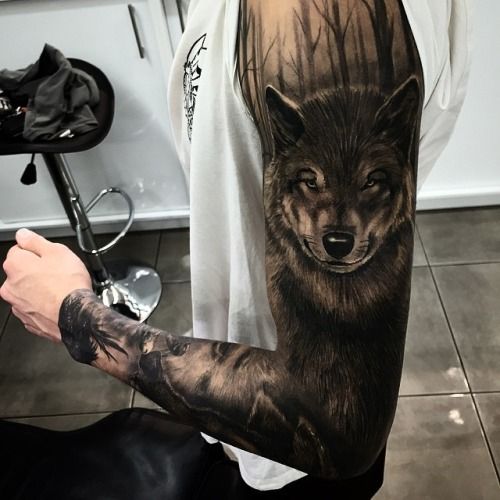 Dark Wolf Head Tattoo On Full Sleeve