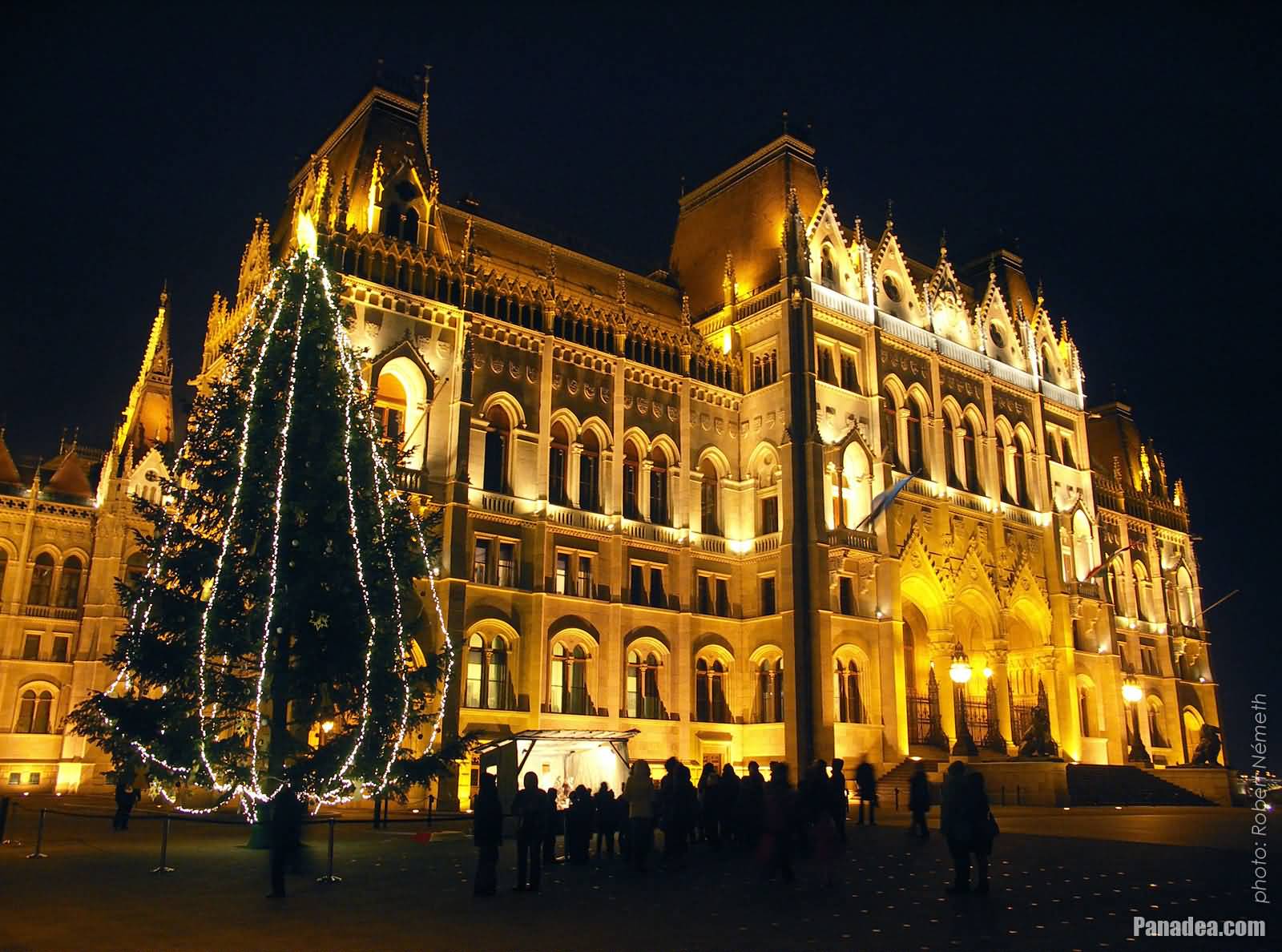 Decorated Christmas Tree In Front Of Hungarian Parliament Building At Night
