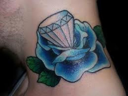 Diamond And Blue Rose Tattoo On Side Neck
