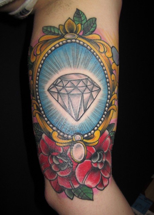 Diamond In Mirror Frame And Flowers Tattoo On Bicep