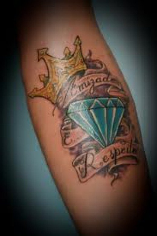 Diamond With Gold Crown Tattoo On Sleeve
