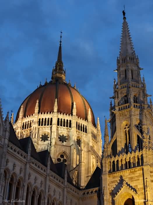 Dome Of The Hungarian Parliament Building At Dusk