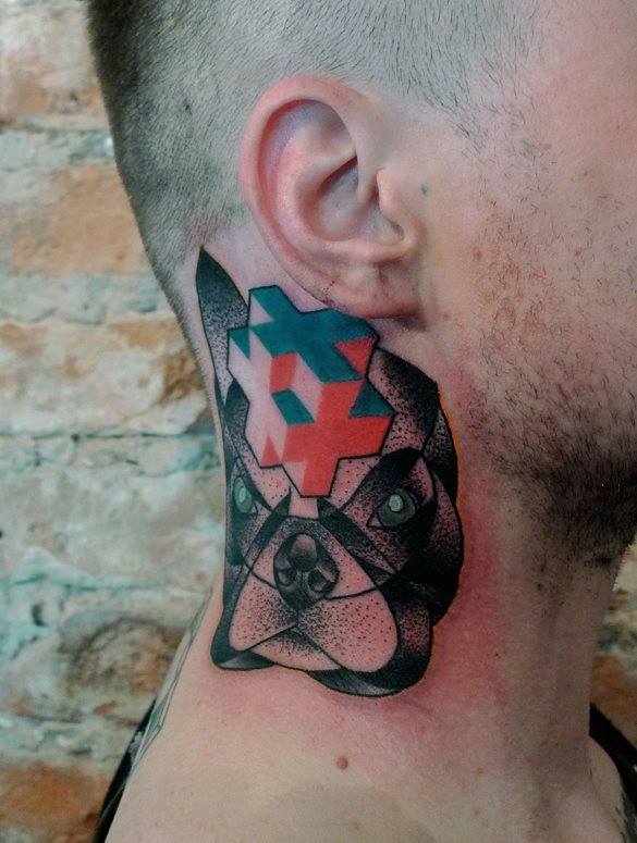 Dotwork Black Ink Dog Head Tattoo On Man Right Side Neck