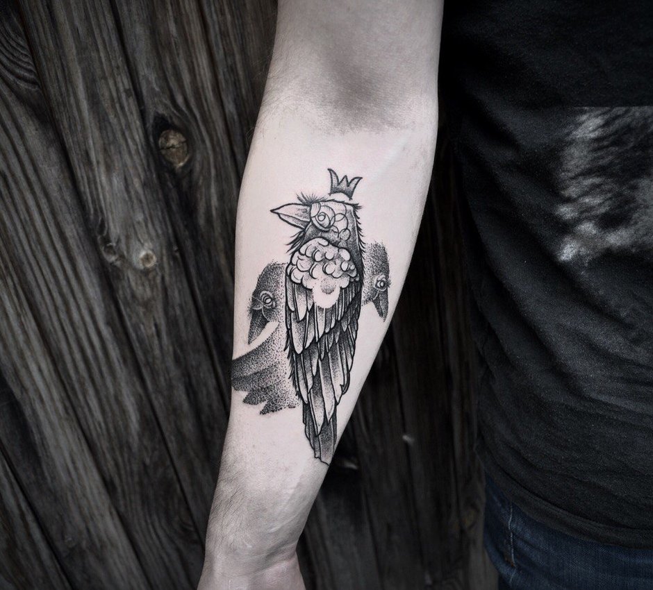 Dotwork Crow Tattoo On Man Right Forearm