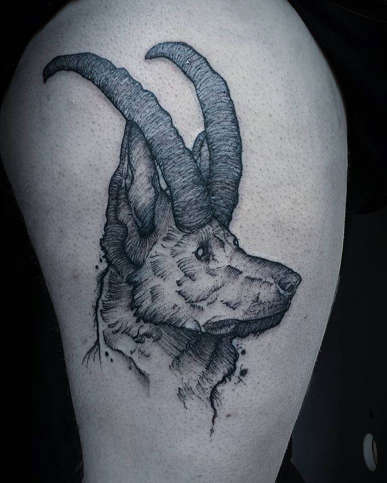Dotwork Dog With Horns Tattoo On Right Thigh by Ergo Nomik