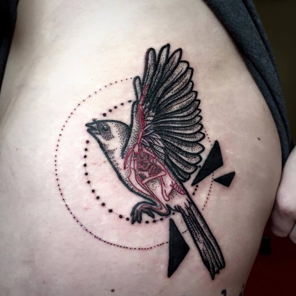 Dotwork Flying Bird Tattoo On Half Sleeve