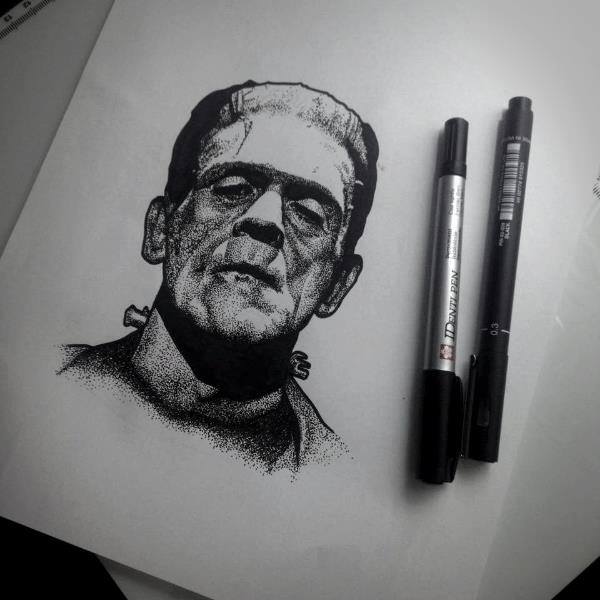 Dotwork Frankenstein Head Tattoo Design By Filipa Vargas