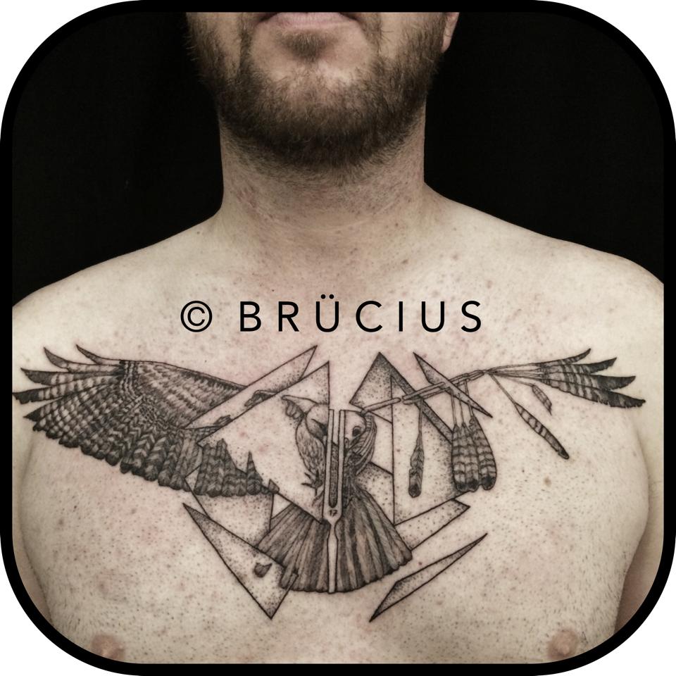 Dotwork Geometric Flying Bird Tattoo On Man Chest By Brucius