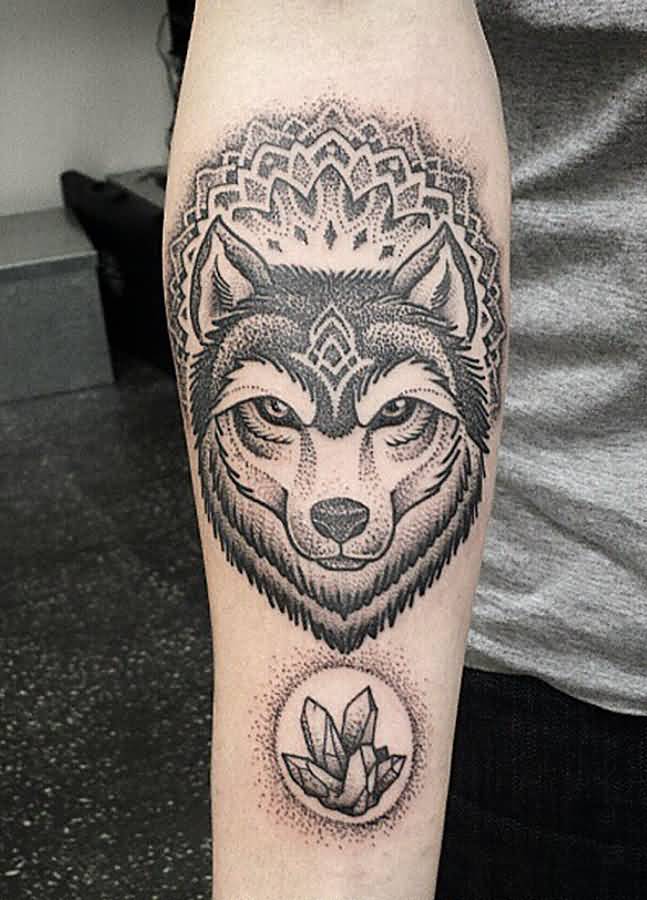 Dotwork Grey Ink Mandala Wolf Tattoo On Forearm