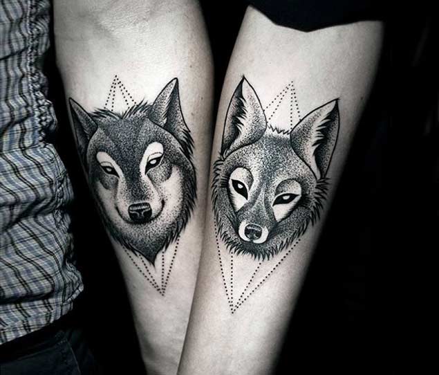 Dotwork His And Her Wolf Head Tattoos On Forearm