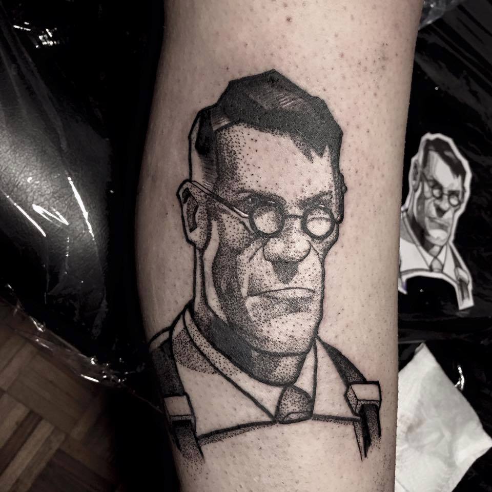 Dotwork Man Face Tattoo On Leg By Filipa Vargas