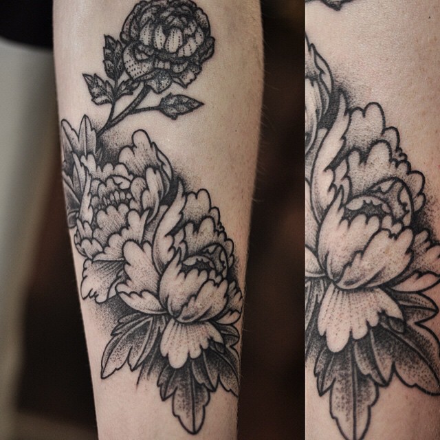 Dotwork Peony Flowers Tattoo On Sleeve By Chris