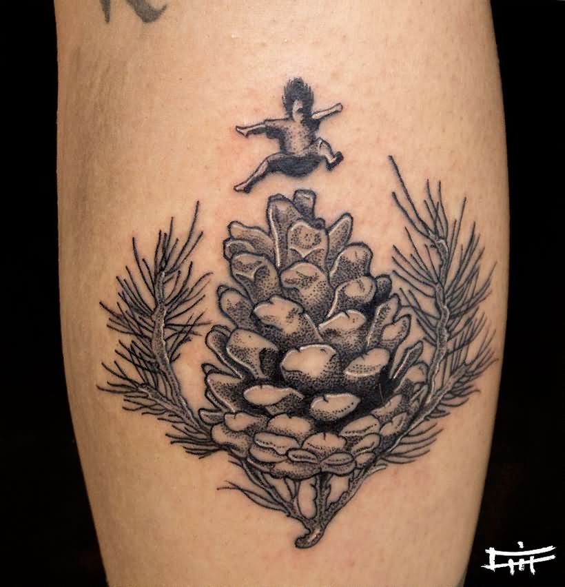 Dotwork Pine Cone Tattoo Design For Leg Calf