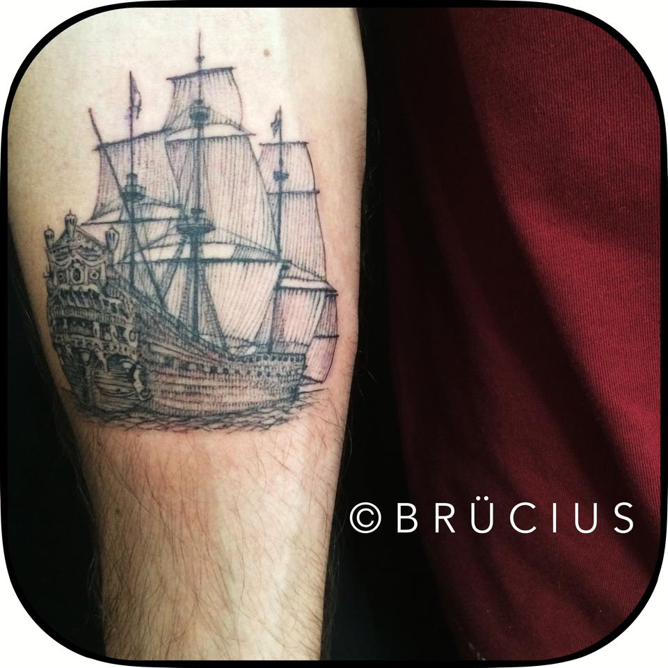 Dotwork Ship Tattoo On Sleeve By Brucius