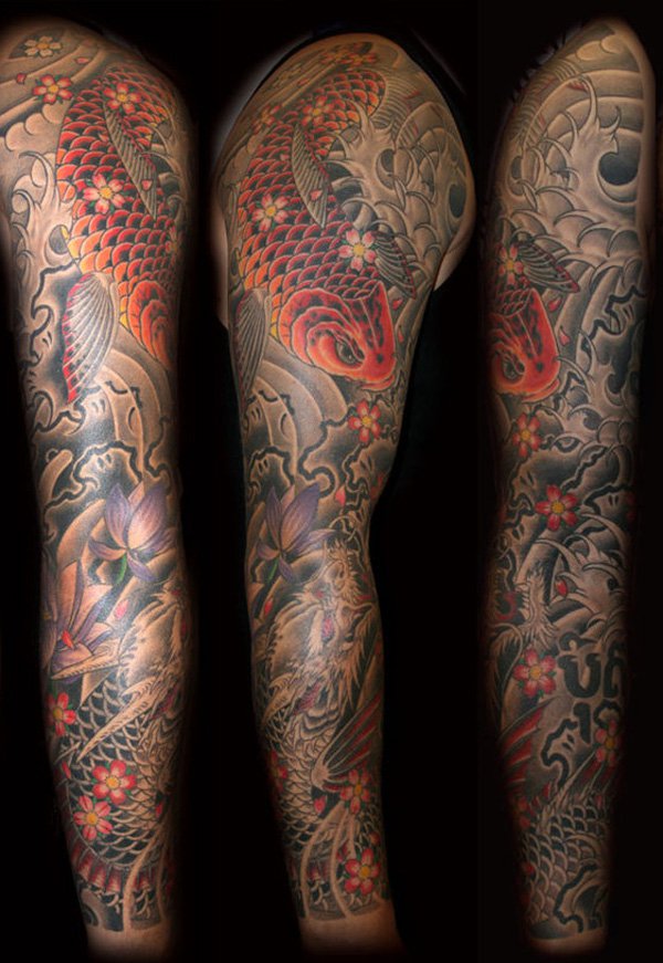 Dragon With Koi Fish Tattoo On Man Right Full Sleeve