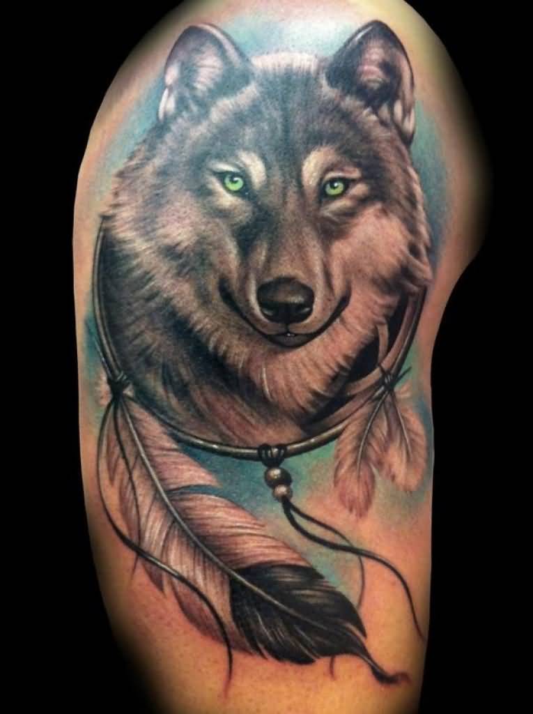 Dreamcatcher Wolf Head Tattoo On Right Shoulder