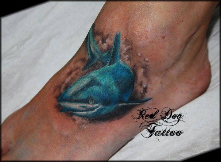Evil Shark Tattoo On Left Foot