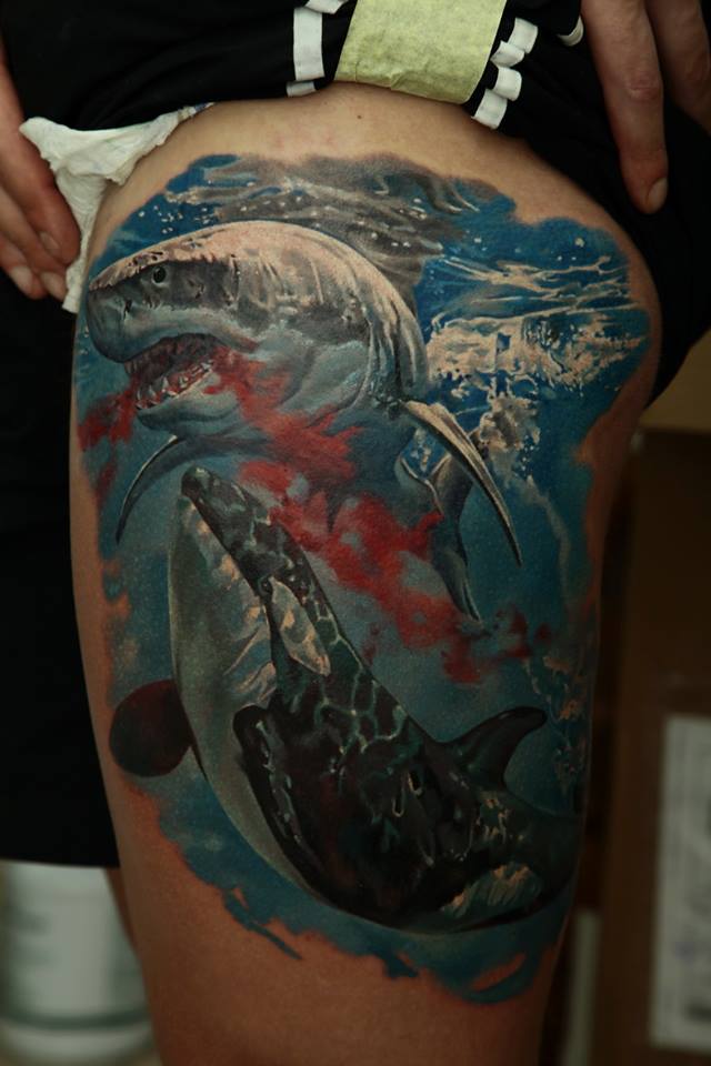 Evil Sharks Tattoo On Left Side Thigh By Dmitriy Samohin