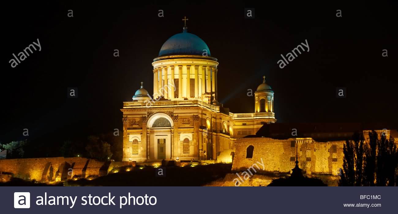 Exterior View Of The Neo Classical Esztergom Basilica At Night