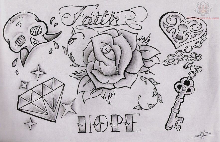Faith Hope Rose And Diamond Tattoo Design