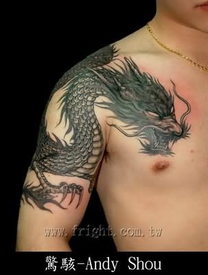 Fantastic Black Ink Dragon Tattoo On Man Right Shoulder