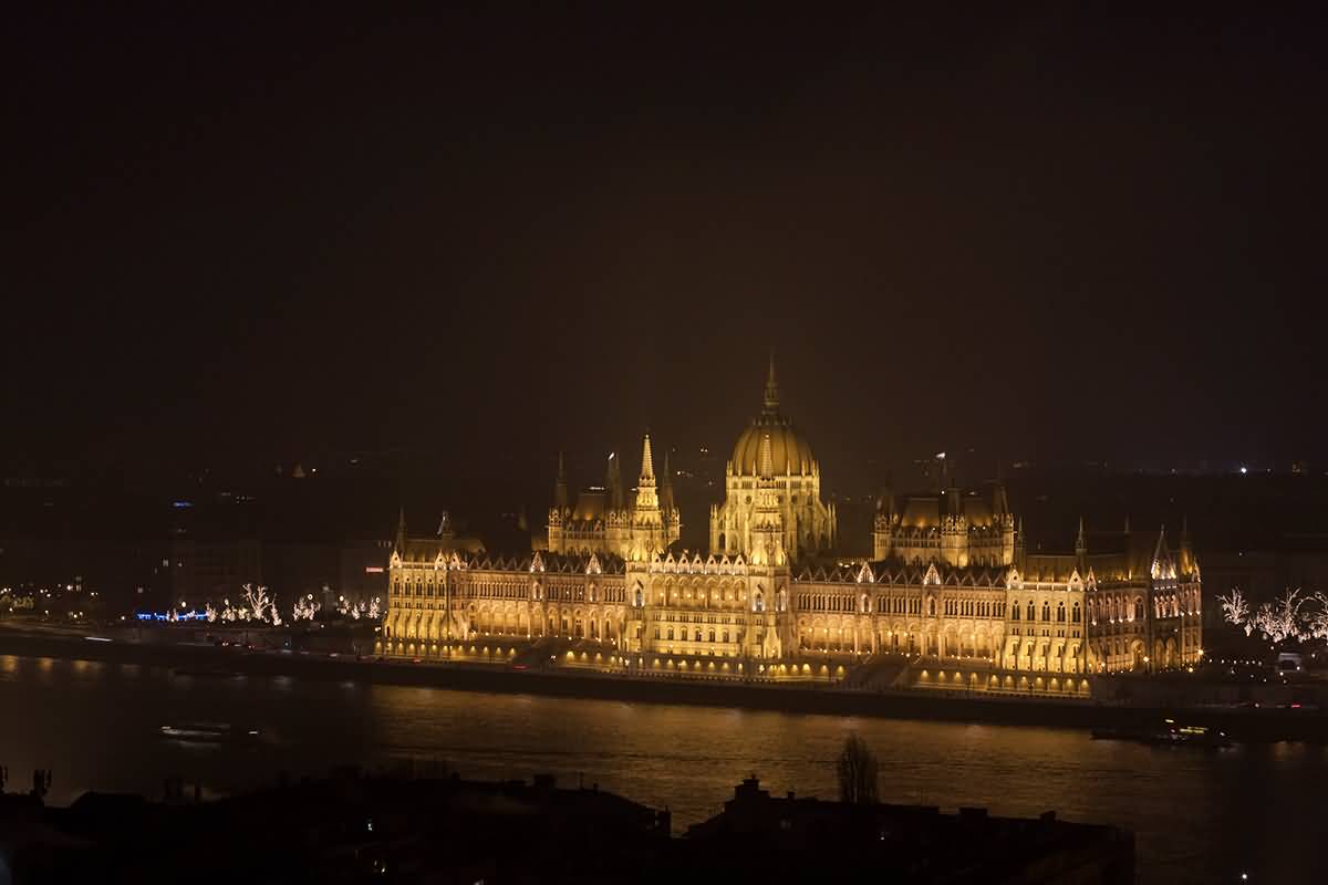 Far View Of Hungarian Parliament Building At Night