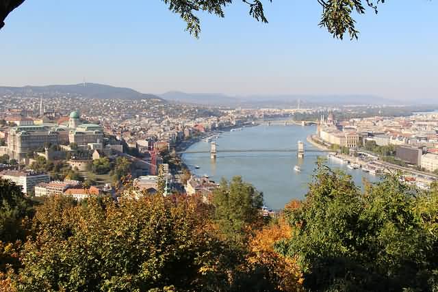 Far View Of The Buda Castle And Chain Bridge In Budapest, Hungary
