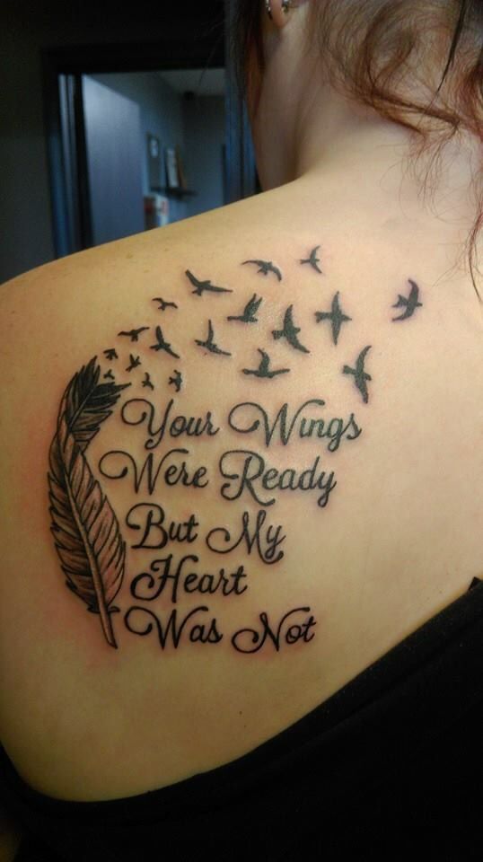 Feather With Flying Birds And Memorial Tattoo On Left Back Shoulder