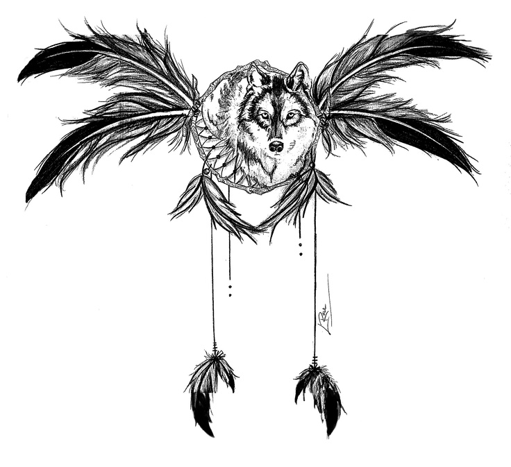 Feathers And Wolf Head Tattoo Design