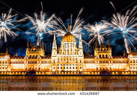 Fireworks Over The Hungarian Parliament Building At Night