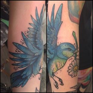 Flower In Flying Bird Beak Tattoo Design For Sleeve By Scott Owen