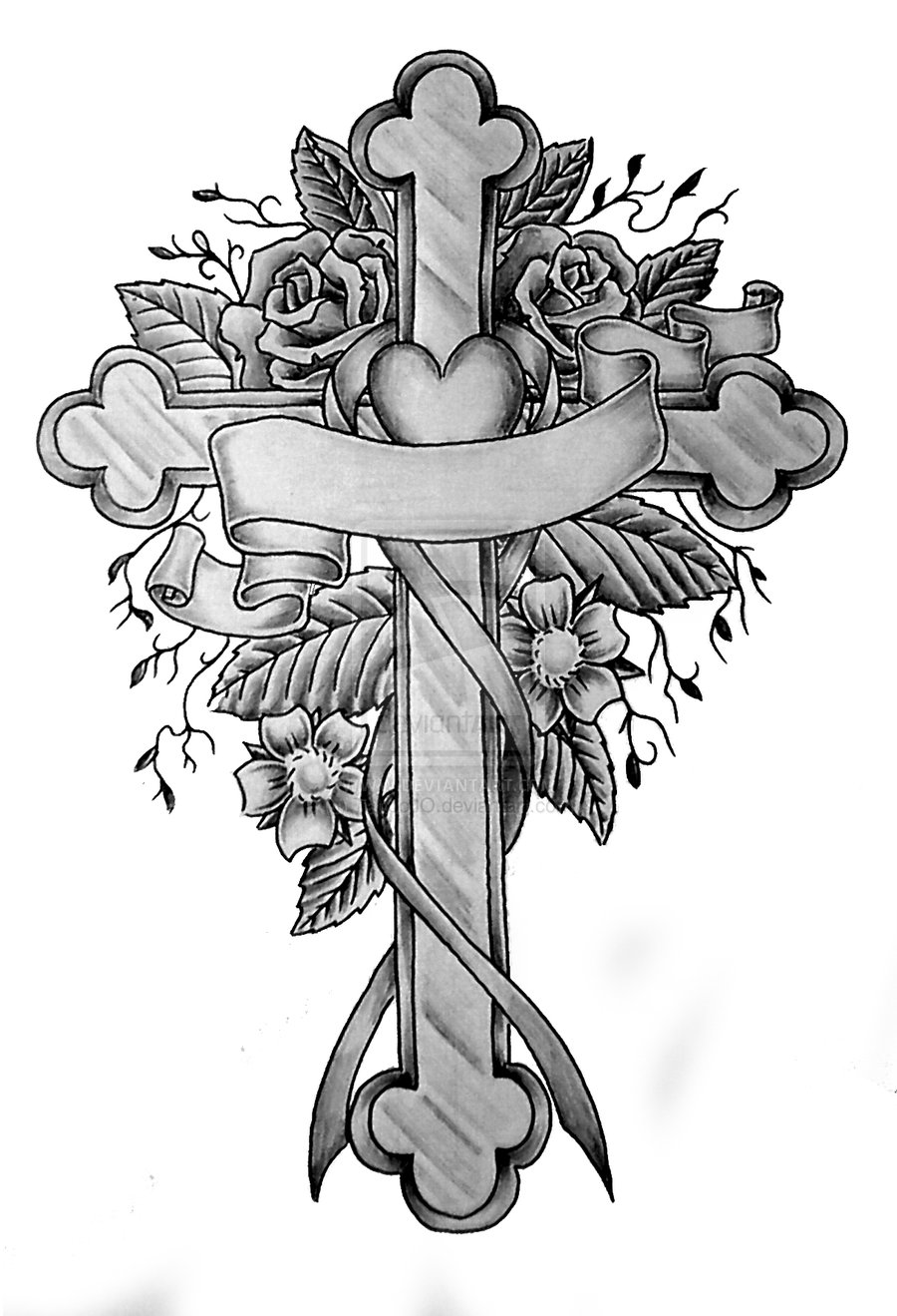 Flowers And Cross Memorial Tattoo Design