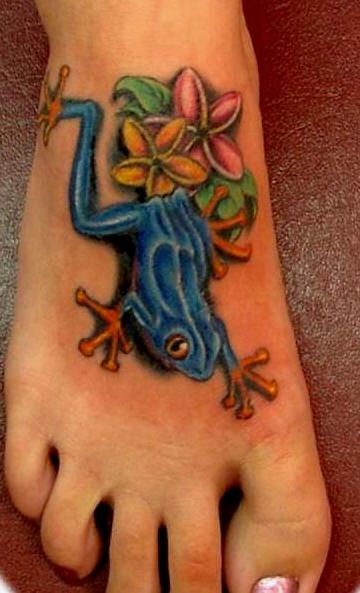 Flowers And Frog Tattoo On Right Foot