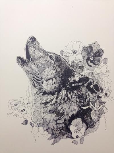 Flowers and Wolf Head Tattoo Design