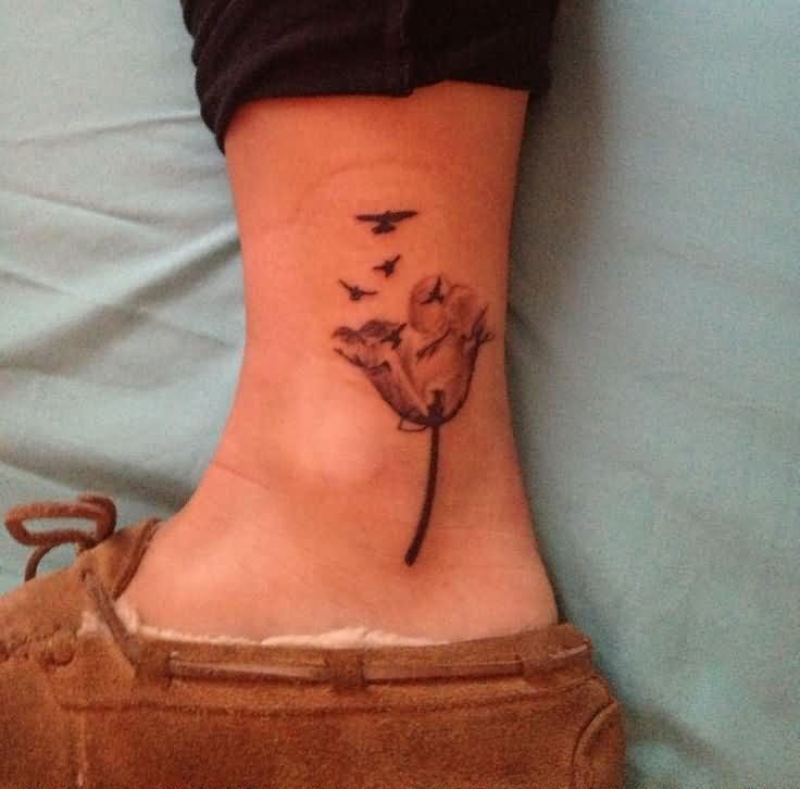 Flying Birds And Tulip Tattoo On Ankle
