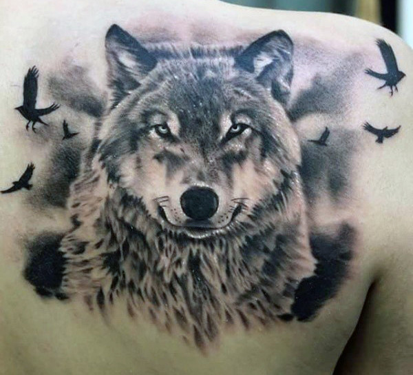 Flying Birds And Wolf Head Tattoo On Right Back Shoulder
