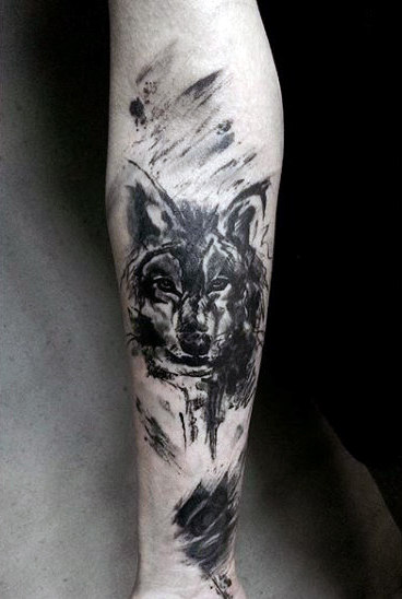 Forearm Black Ink Wolf Head Tattoo