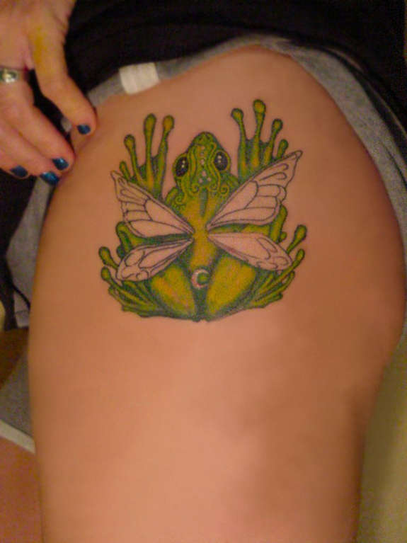 Frog With Butterfly Wings Tattoo On Side Thigh