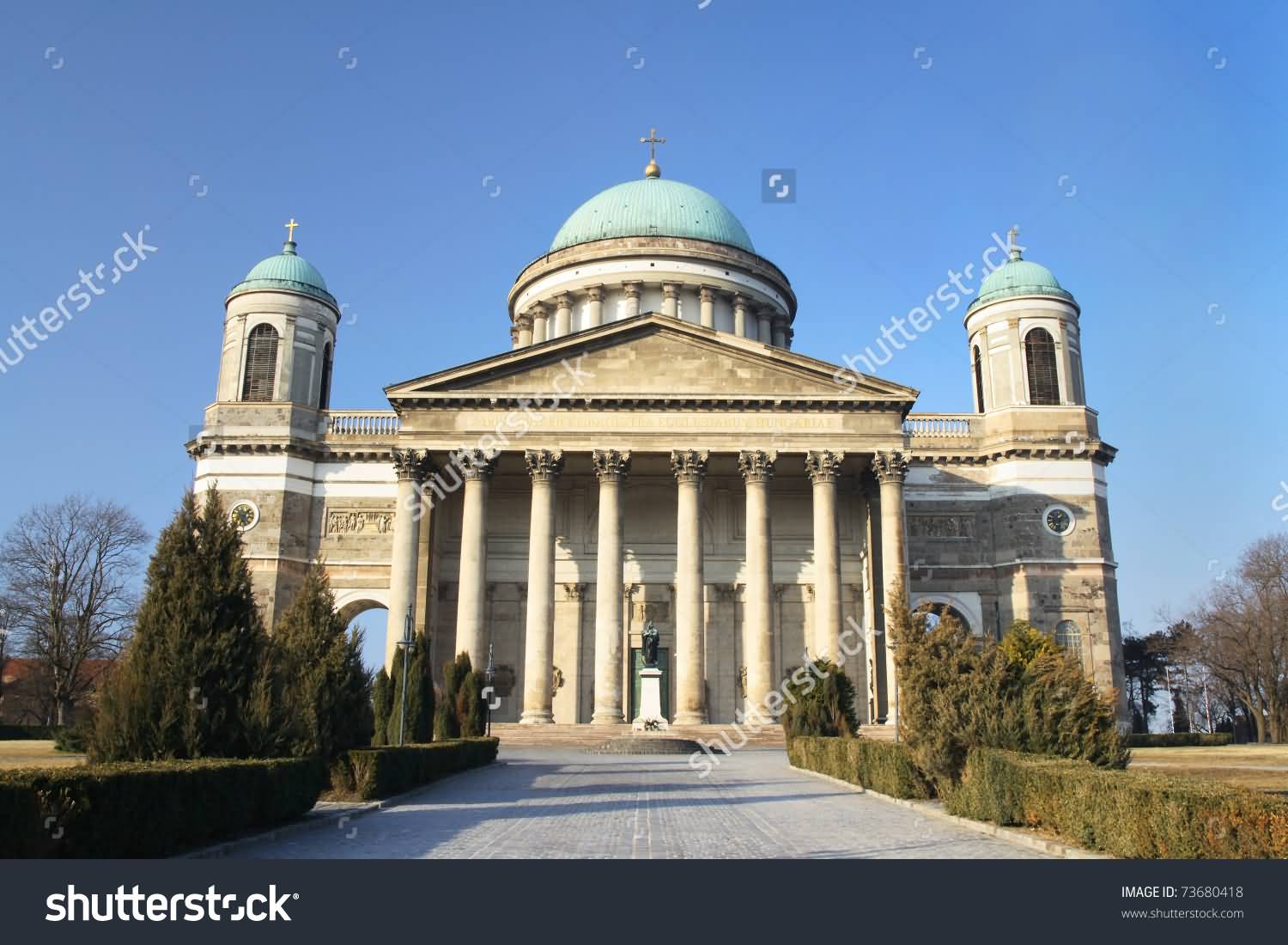 Front Entrance View Of The Esztergom Basilica In Hungary