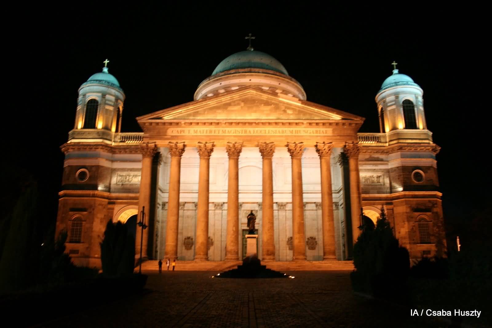 Front Facade Of The Esztergom Basilica Lit Up At Night