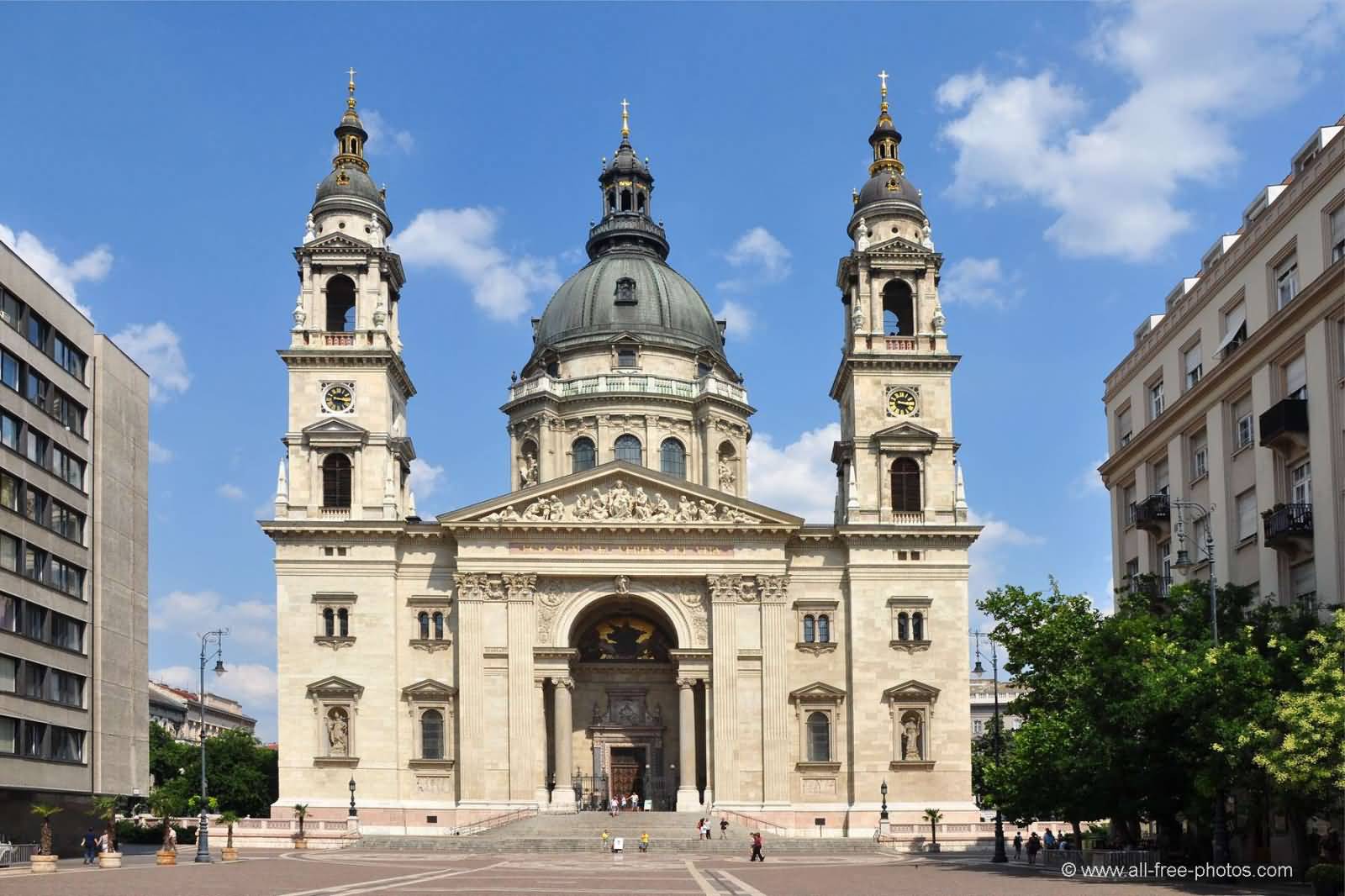 Front Facade Of The St. Stephen’s Basilica In Budapest, Hungary