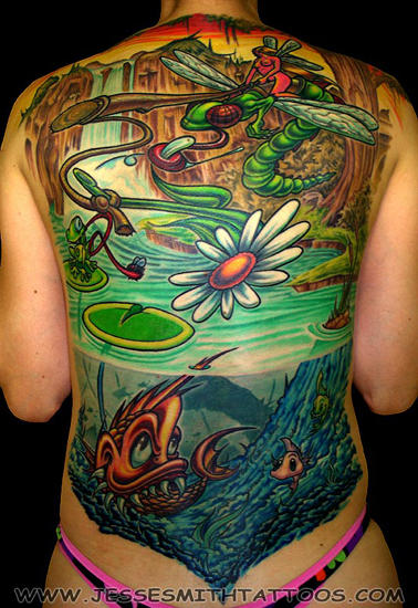 Full Back Colored Frog Tattoos