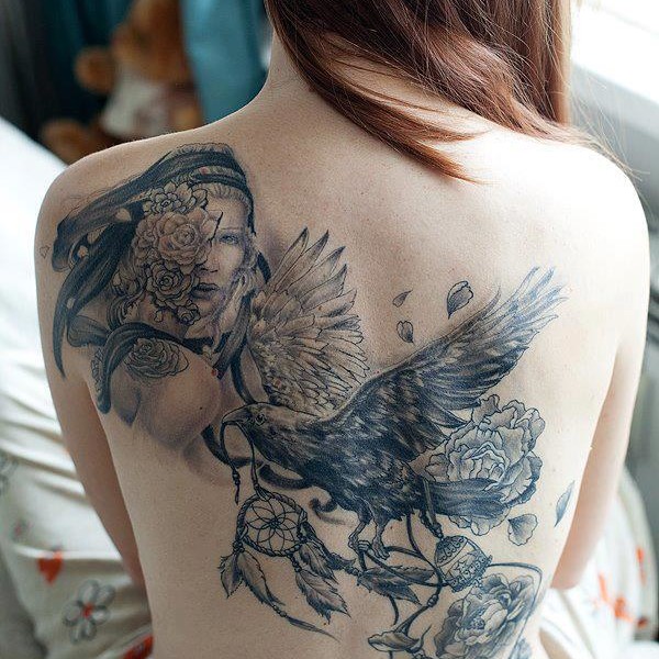 Full Back Grey Ink Crow Tattoo Idea