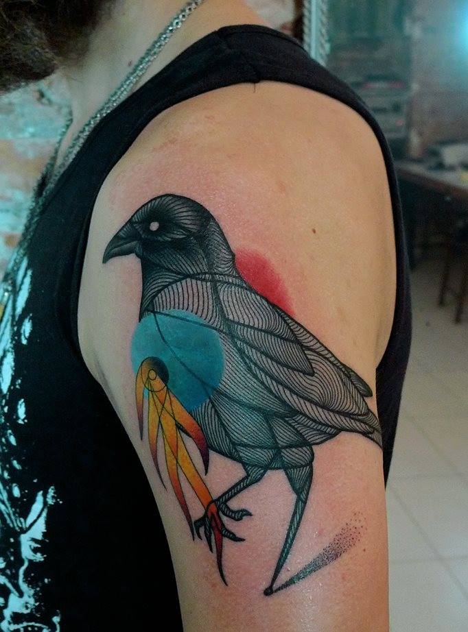 Geometric Crow Tattoo On Man Left Shoulder