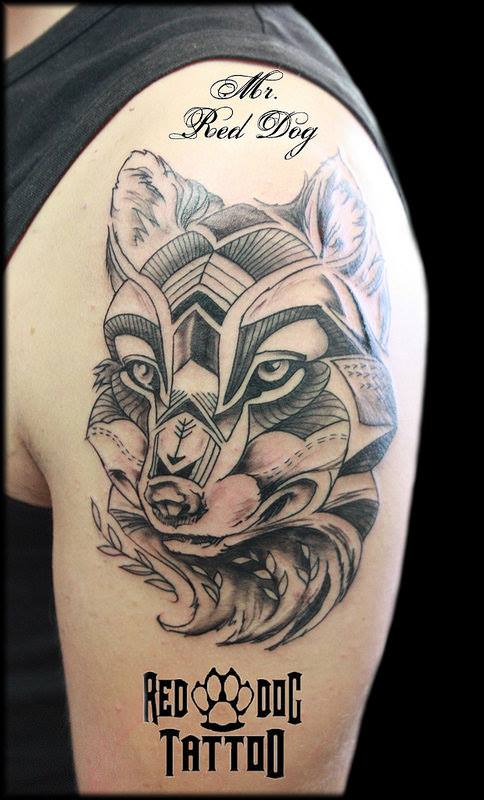 Geometric Fox Head Tattoo On Left Shoulder