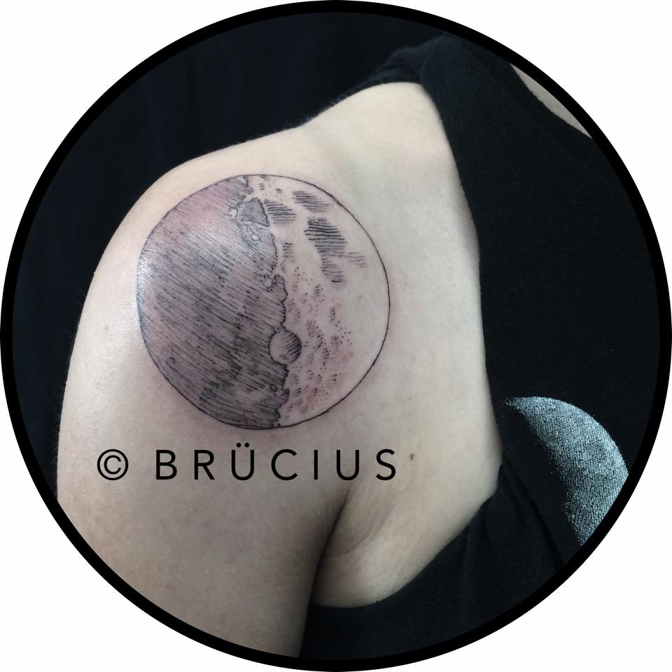 Geometric Moon Tattoo On Left Back Shoulder