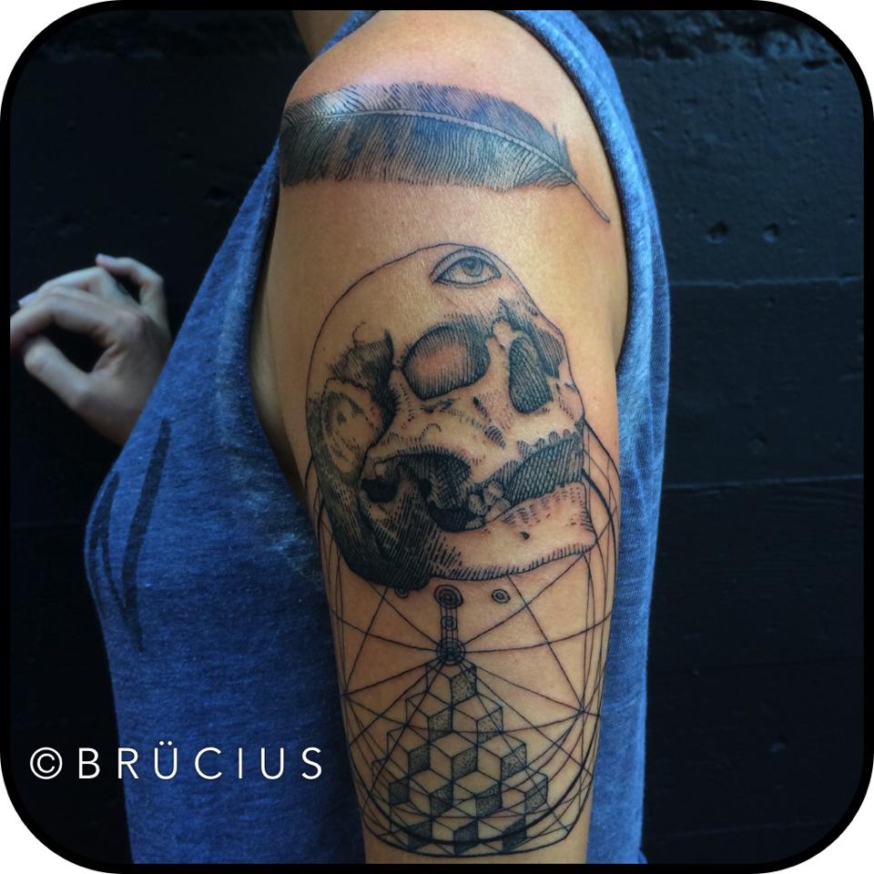 Geometric Skull Tattoo On Left Half Sleeve By Brucius