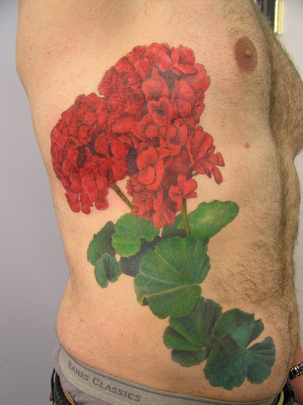 Geranium Flowers Tattoo On Man Right Side Rib
