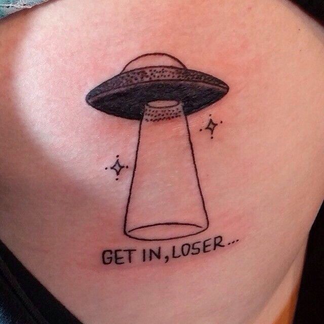 Get In, Loser – Black Ink Alien UFO Tattoo On Right Back Shoulder